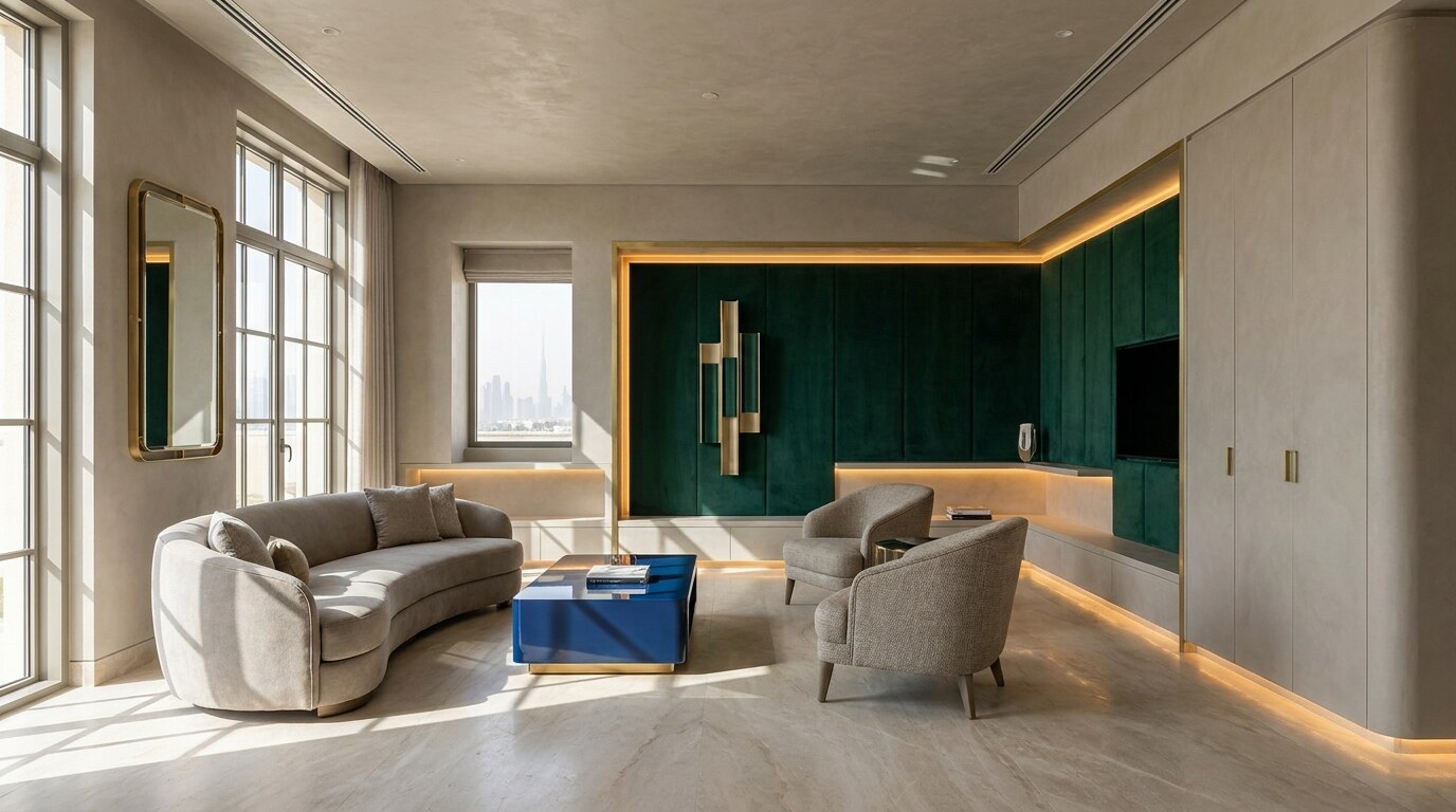 Dubai Interior Color Palettes for 2026: Color Drenching, Jewel Accents, and Greige Control visual reference 1 showing Dubai villa salon with greige color drenching and a controlled emerald accent wall