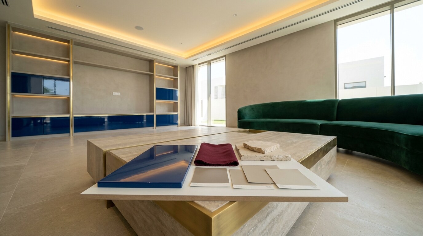 Dubai Interior Color Palettes for 2026: Color Drenching, Jewel Accents, and Greige Control visual reference 2 showing material board with sapphire lacquer, burgundy textile, limestone, brass, and warm neutral paint chips
